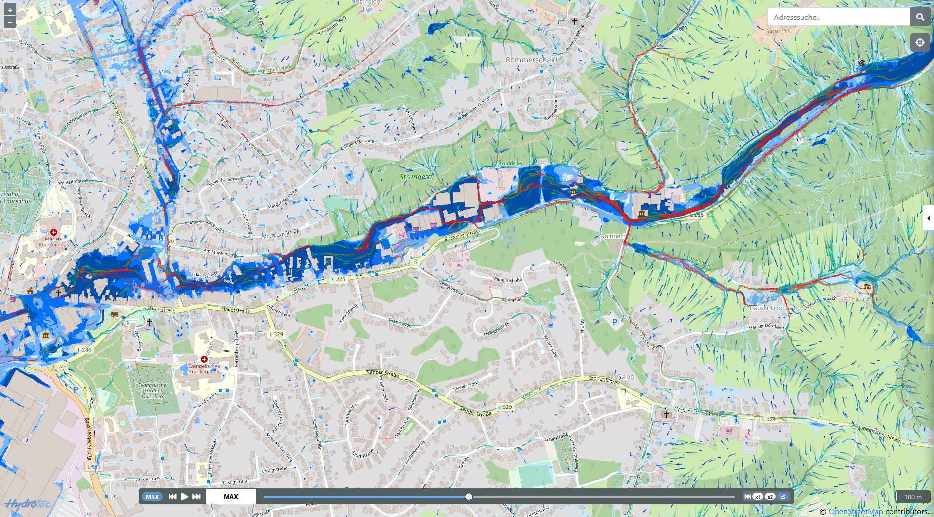 Starkregen Fließwegsimulation der Firma Hydrotec Ingenieurgesellschaft für Wasser und Umwelt mbH